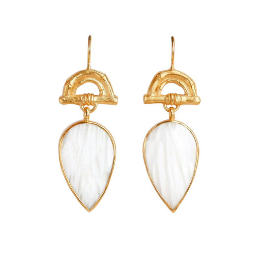 Gold Vermeil hook earrings featuring bamboo sunrise arch design, with pointed gemstone drop pendants in white scolecite