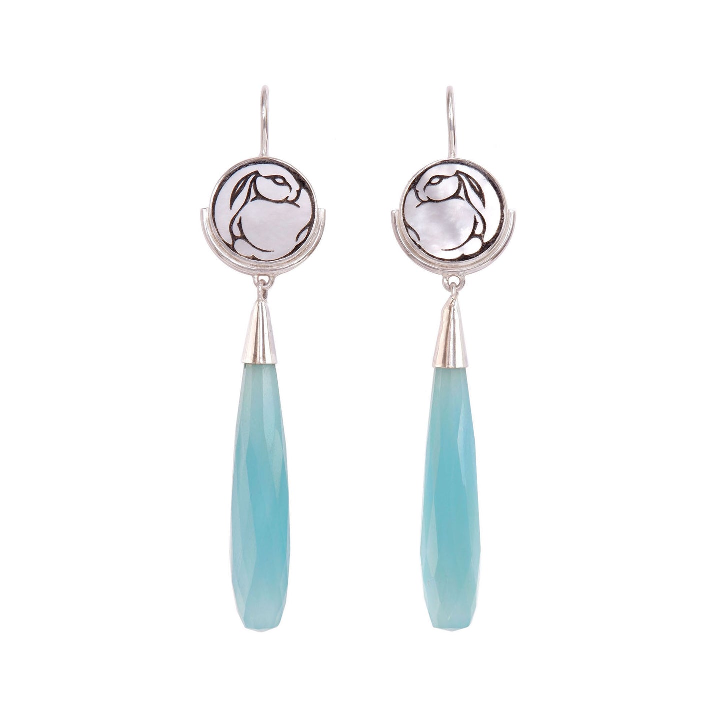 sterling silver earrings featuring mother of pearl discs, engraved with a blackened rabbit design, and adorned with long faceted blue chalcedony gemstone drop pendants.
