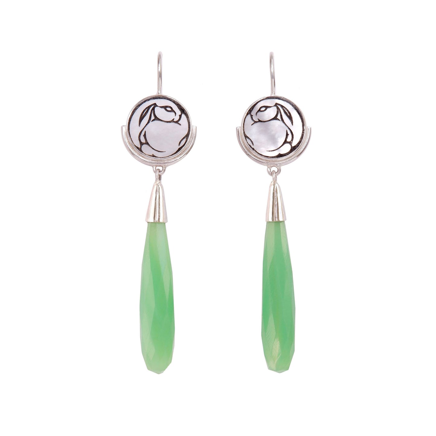 sterling silver earrings featuring mother of pearl discs, engraved with a blackened rabbit design, and adorned with long green faceted chrysoprase gemstone drop pendants.