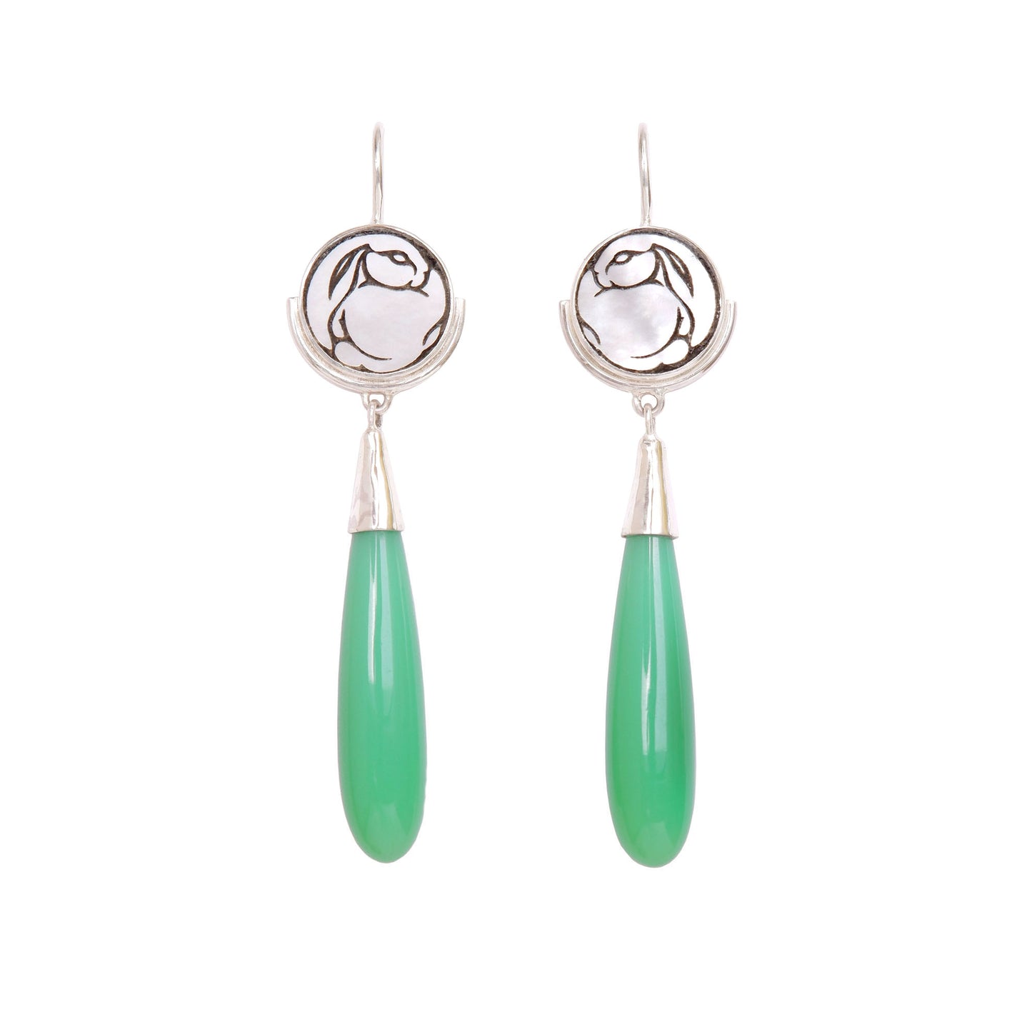 sterling silver earrings featuring mother of pearl discs, engraved with a blackened rabbit design, and adorned with long smooth green chrysoprase gemstone drop pendants.