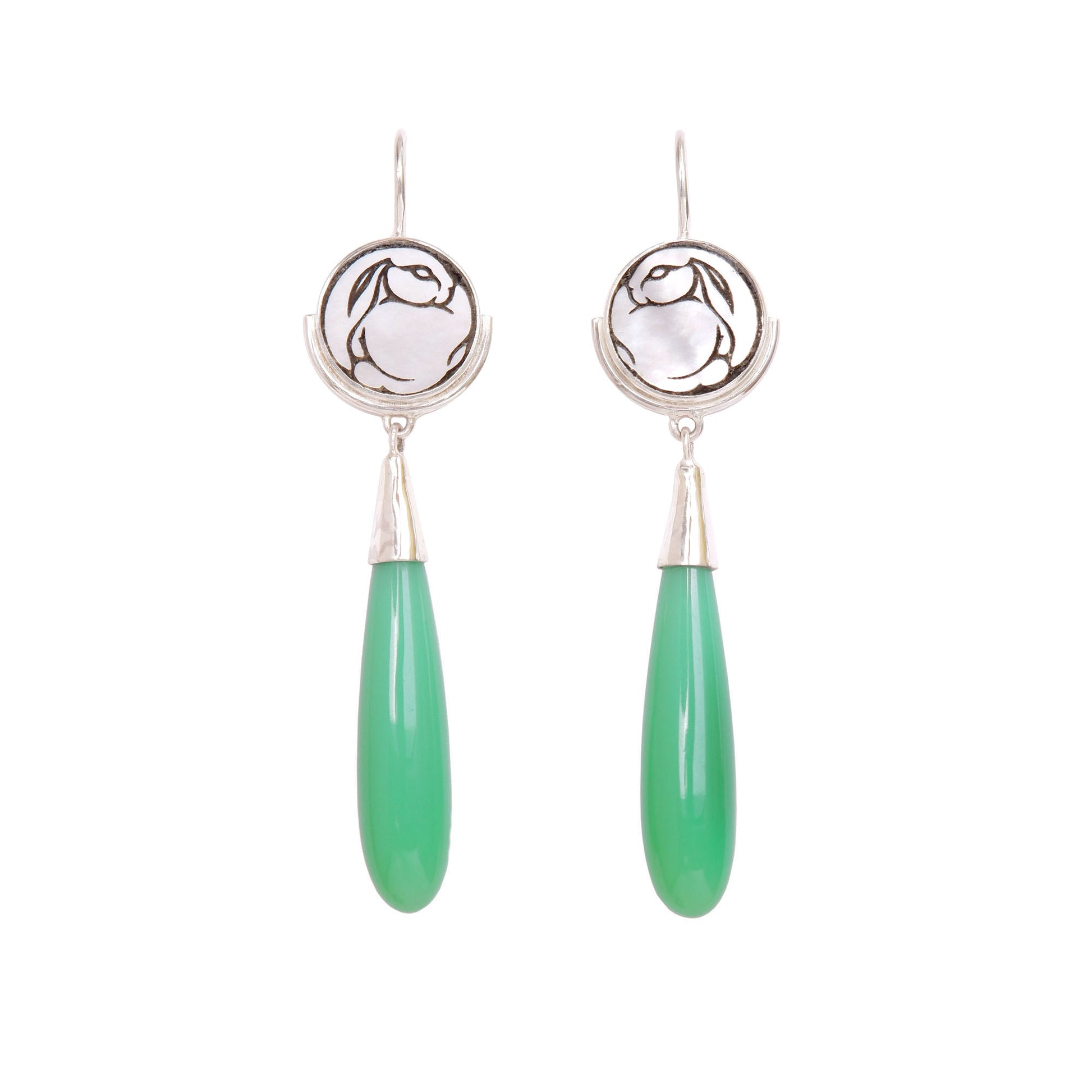 sterling silver earrings featuring mother of pearl discs, engraved with a blackened rabbit design, and adorned with long smooth green chrysoprase  gemstone drop pendants.