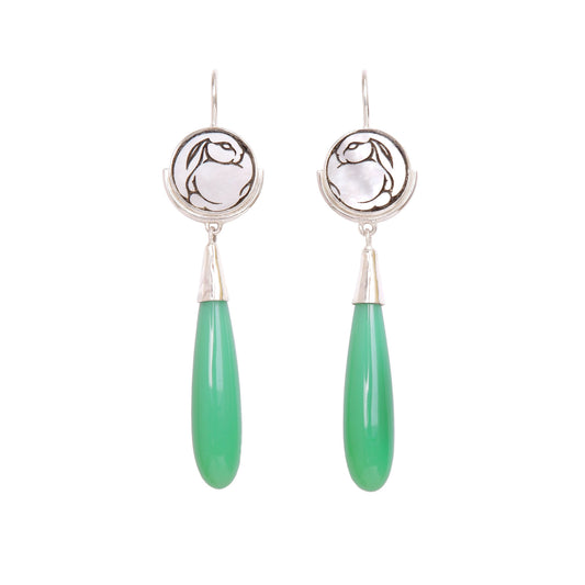 sterling silver earrings featuring mother of pearl discs, engraved with a blackened rabbit design, and adorned with long smooth green chrysoprase  gemstone drop pendants.