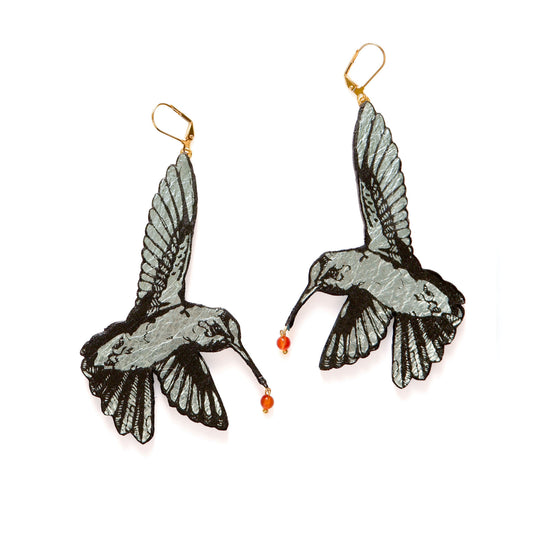 Large Statement Hummingbird Earrings, in Printed metallic Ice Blue Leather.