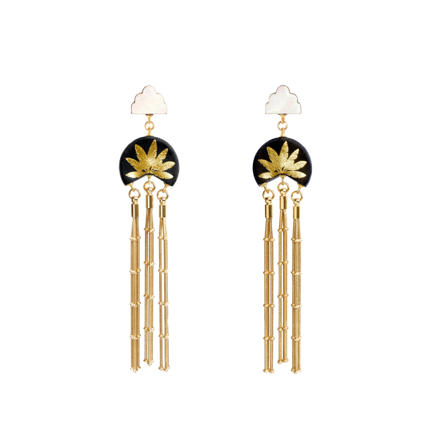 black leather medallion earrings, with gold palm tree print, gold tassels & mother of pearl cloud shade studs.