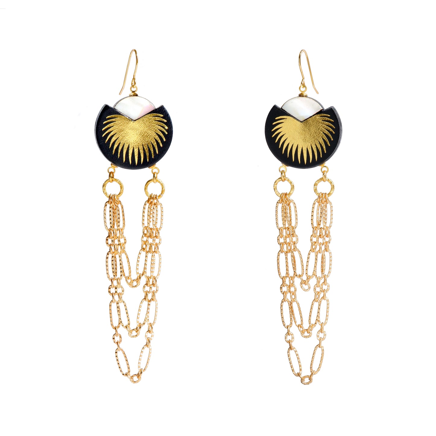 black & gold leather palm tree chain swag chandelier earrings with mother of pearl