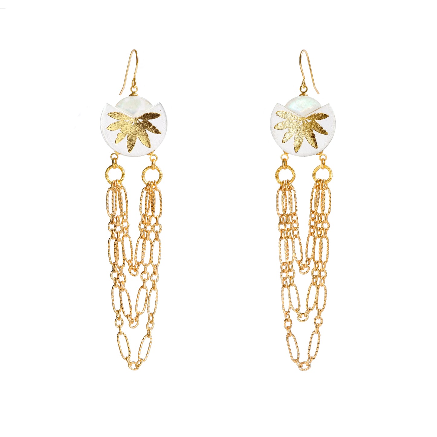 white & gold leather palm tree chain swag chandelier earrings with mother of pearl