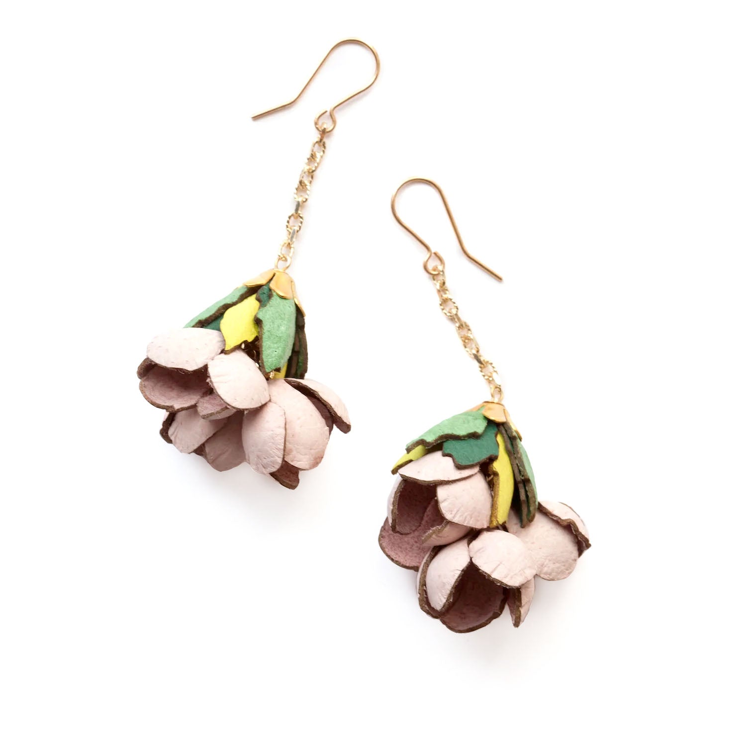 soft leather flower bud blossom earrings in palest pink, with green leaves on gold anchor cut chain & hooks.
