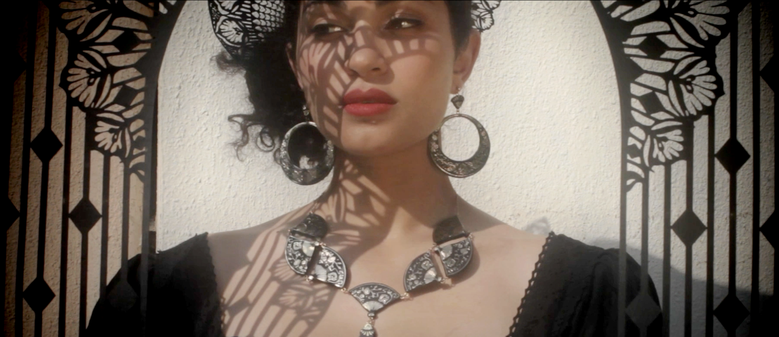 Load video: Video For Rosita Bonita Toledo Collection of leather fashion jewellery, starring Meena Ryann