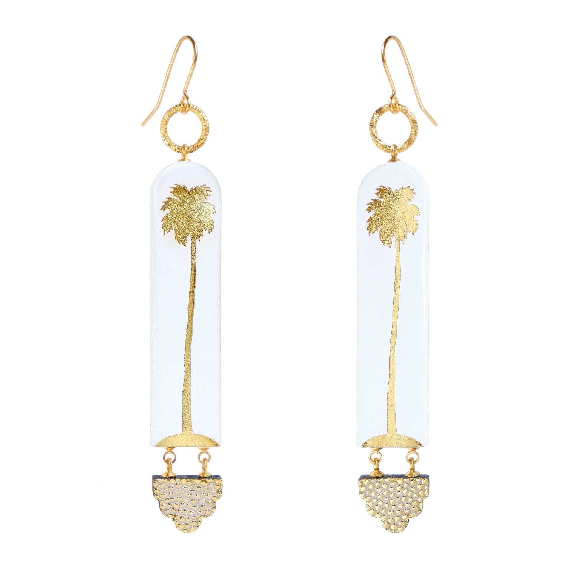 long drop hook earrings - arched strips in white leather, printed with gold palm trees