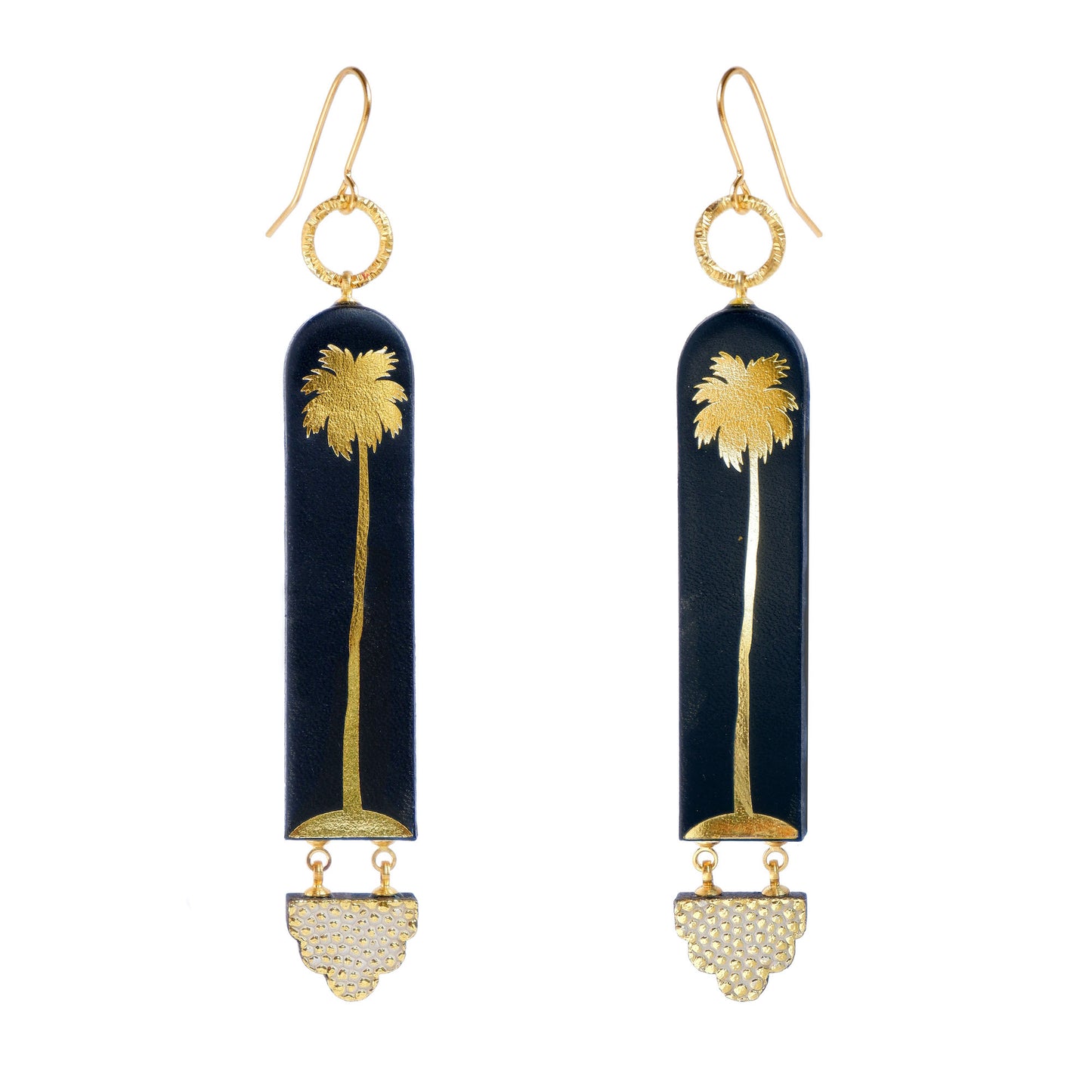 long drop hook earrings - arched strips in black leather, printed with gold palm trees