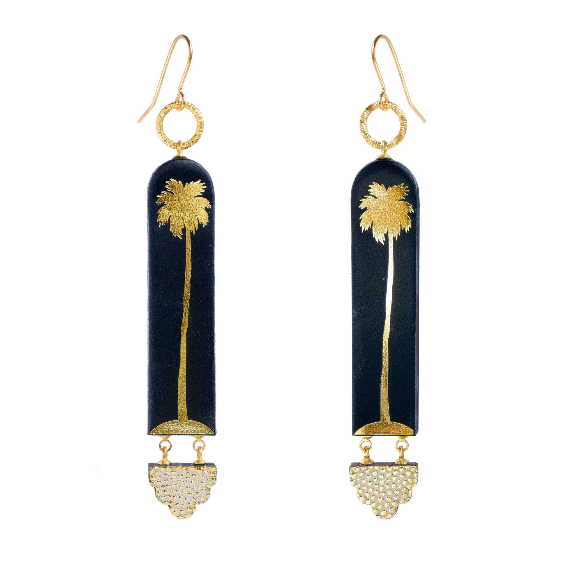 long drop hook earrings - arched strips in leather, printed with gold palm trees - animated gif showing different colour options