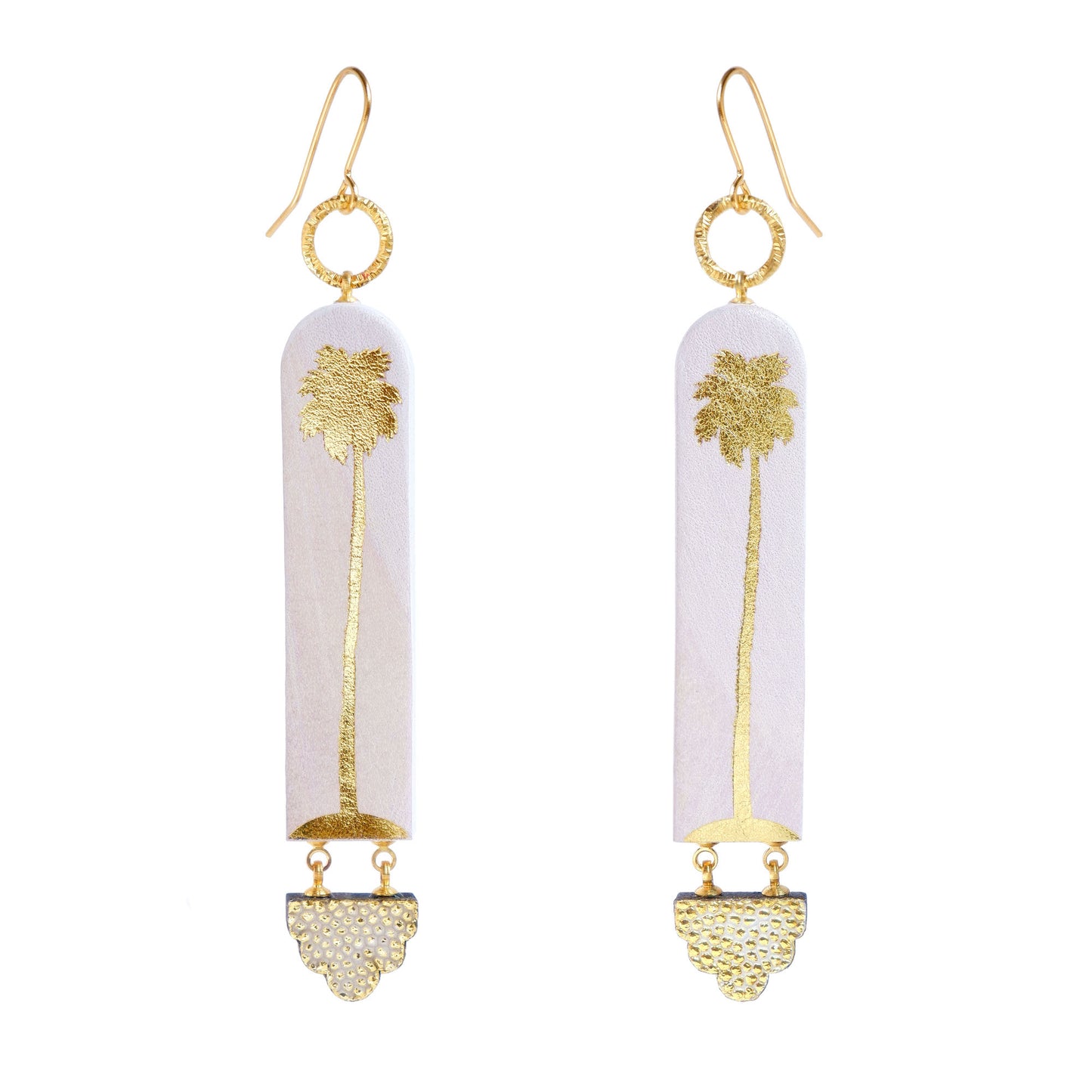 long drop hook earrings - arched strips in lilac leather, printed with gold palm trees