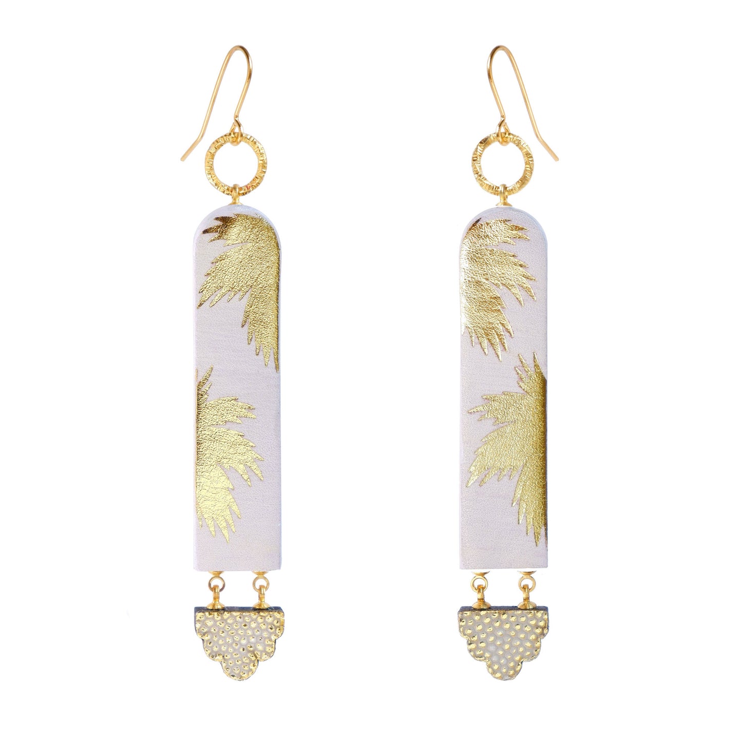 long drop hook earrings - arched strips in lilac leather, printed with gold palm trees