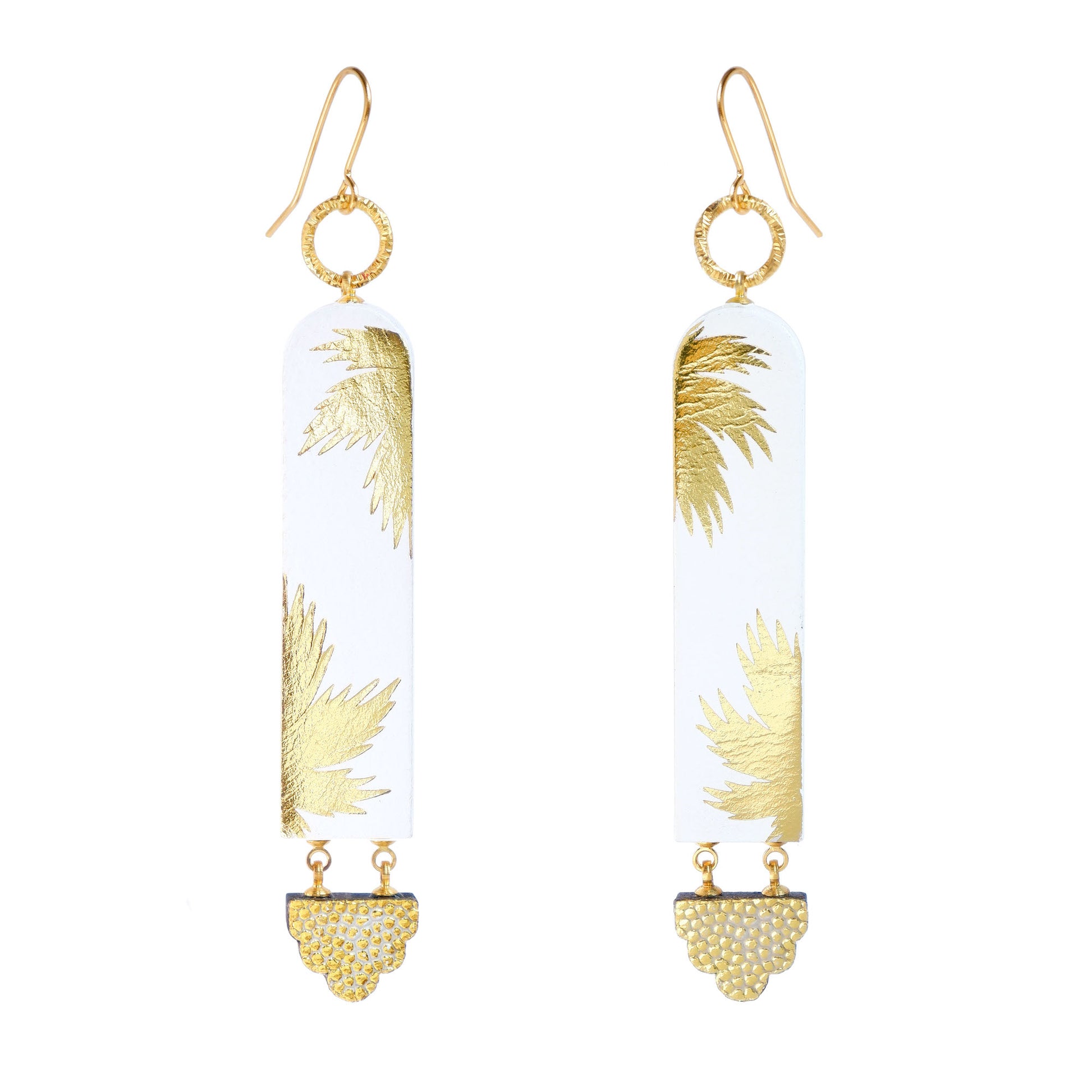 long drop hook earrings - arched strips in white leather, printed with gold palm trees