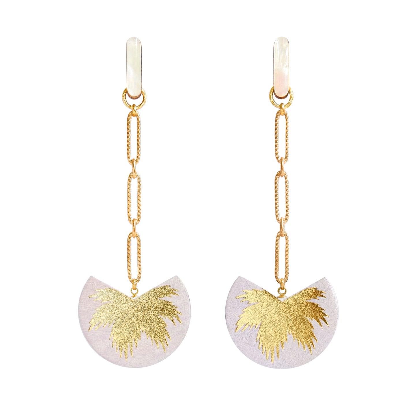 palm tree drop earrings. lilac leather medallions with gold palm print, on longl-link chain from long mother of pearl studs