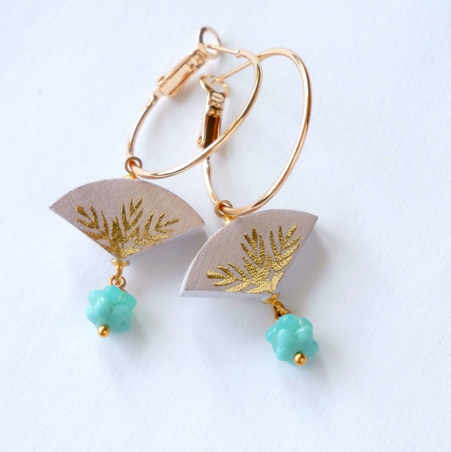 lilac & gold palm print leather gold hoop earrings with turquoise bead