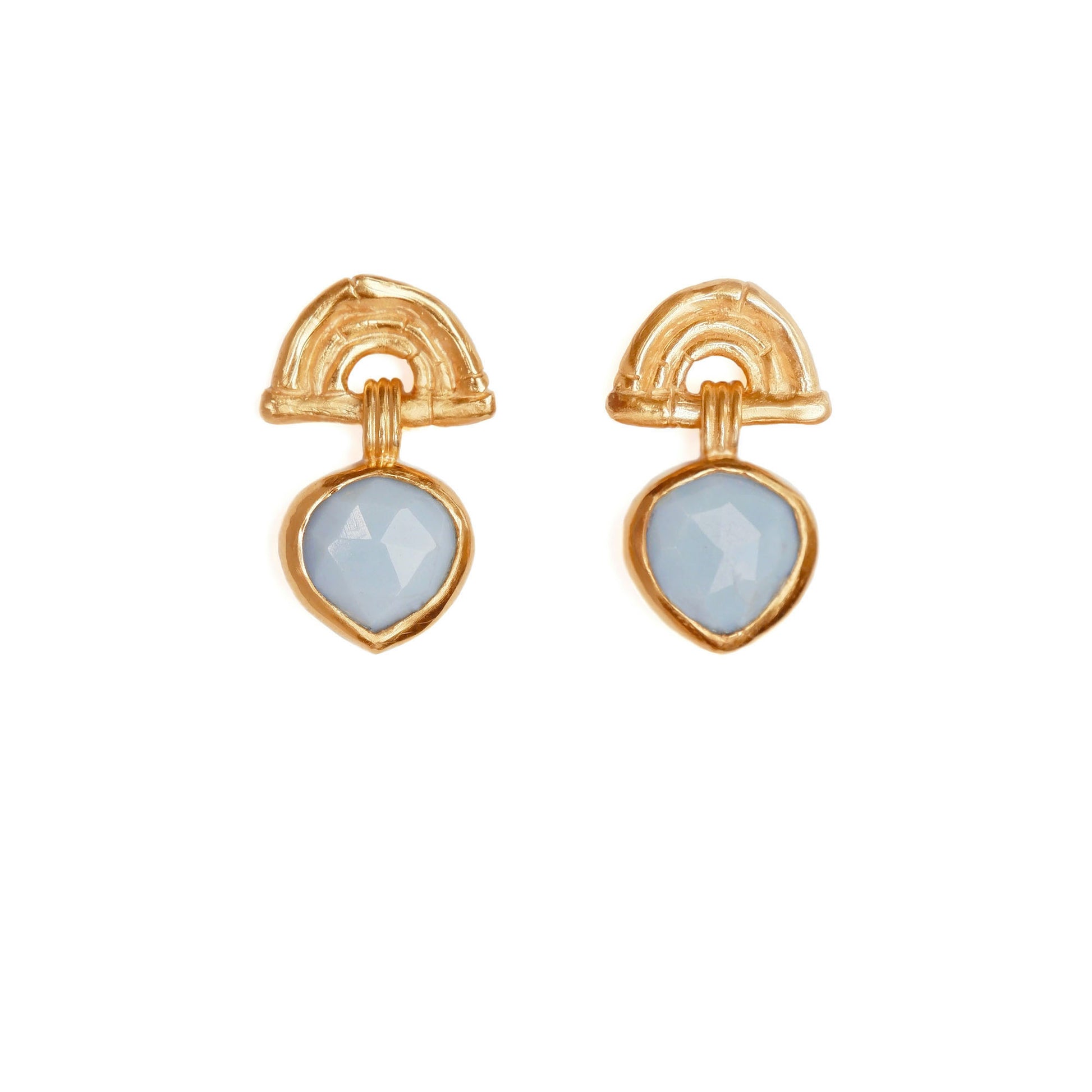 small stud earrings in gold vermeil, featuring triple arches of bamboo, hung with a faceted blue opal gemstone pendant
