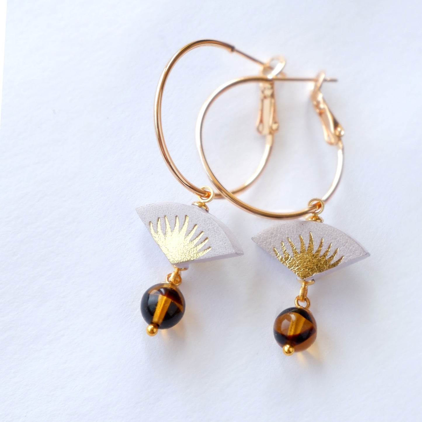 lilac & gold palm print leather gold hoop earrings with tortoise shell glass bead