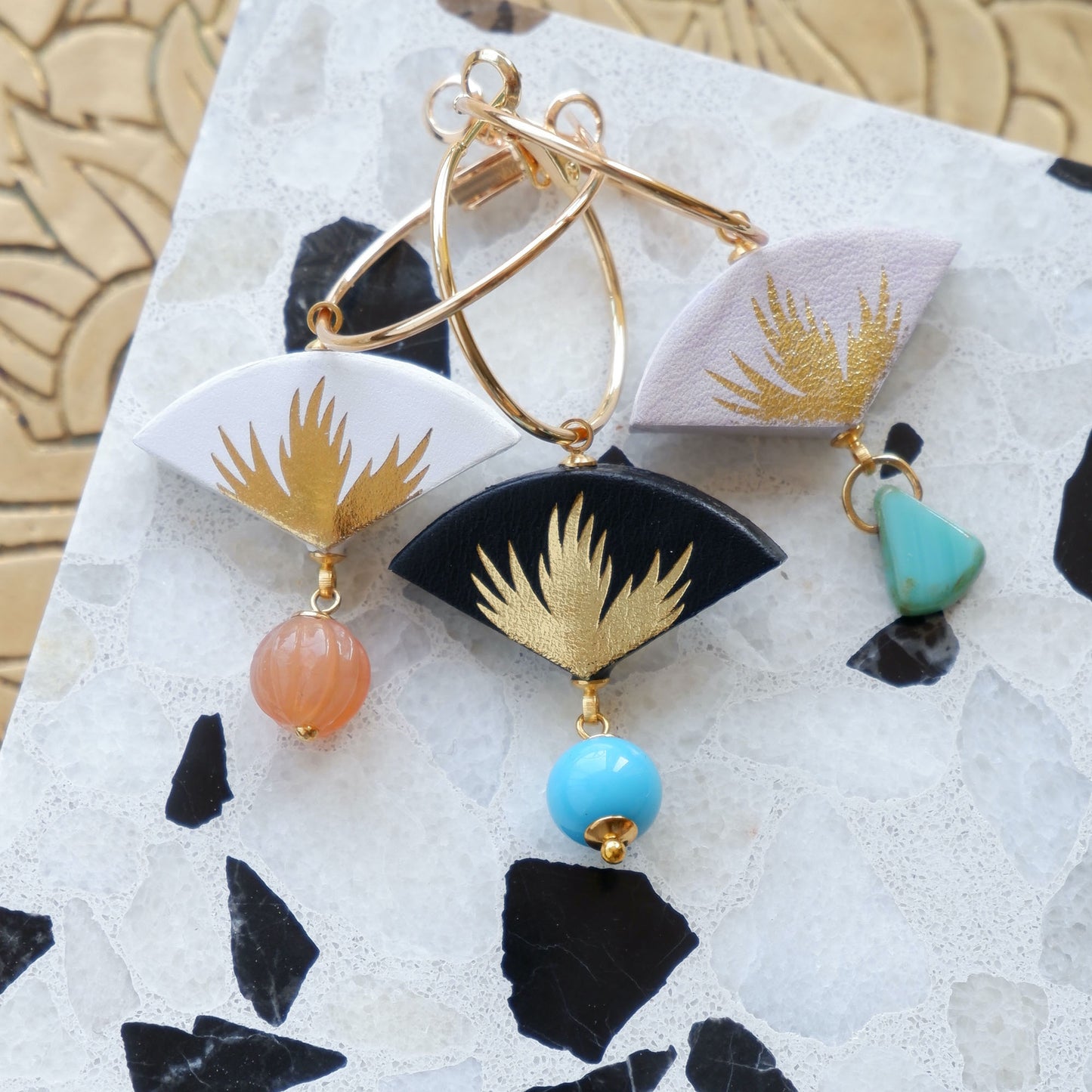 white, black, lilac & gold palm print leather gold hoop earrings with coloured glass bead