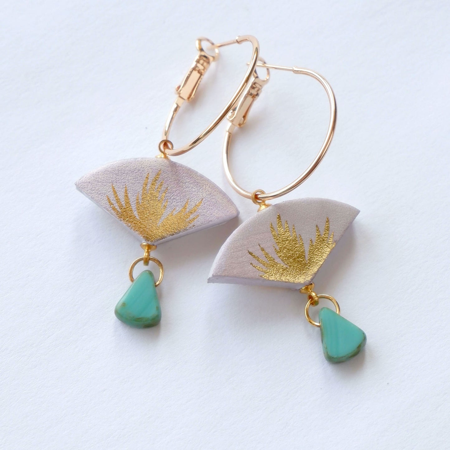 lilac & gold palm print leather gold hoop earrings with turquoise bead