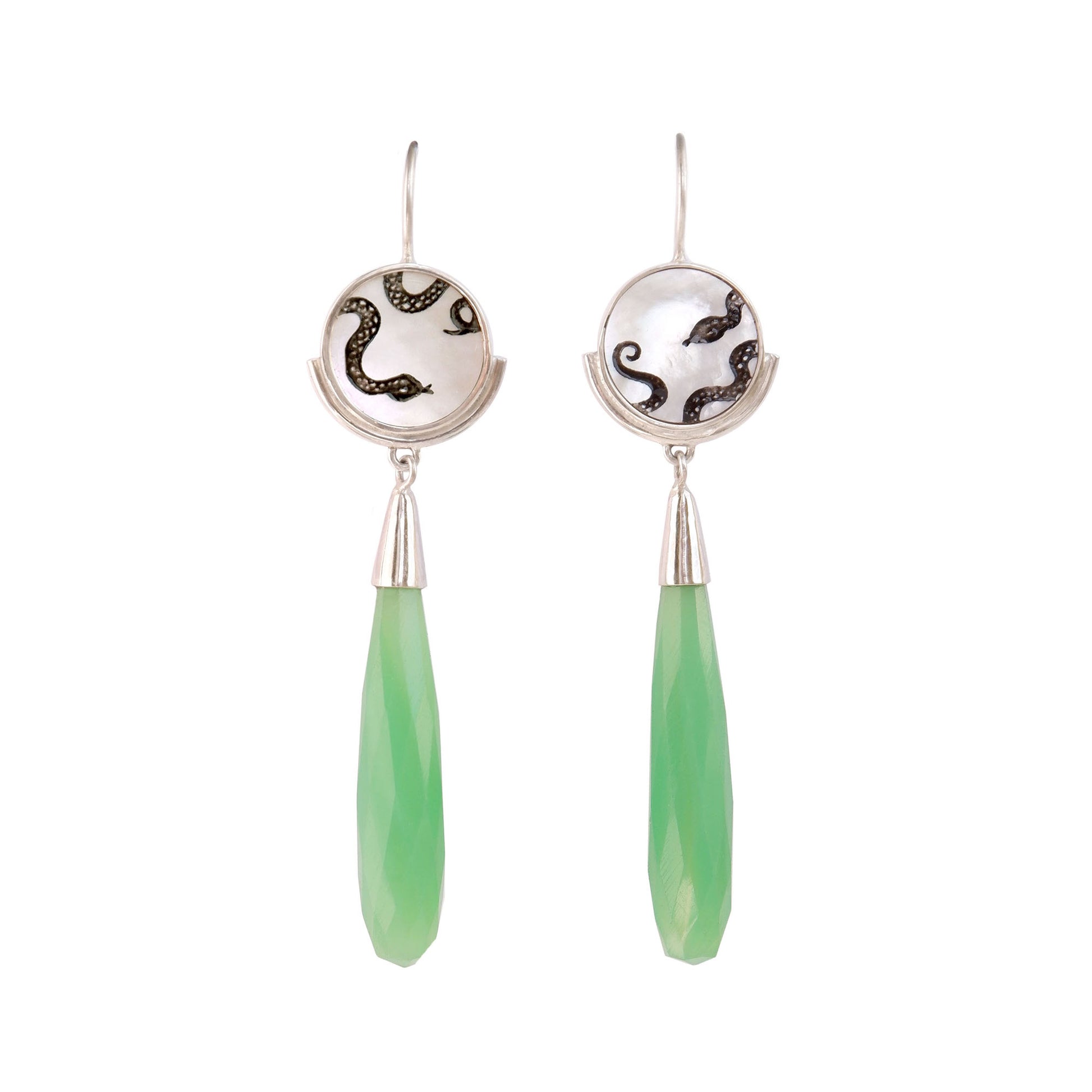 sterling silver earrings featuring mother of pearl discs, engraved with a blackened snake design, and adorned with long green faceted chrysoprase gemstone drop pendants.