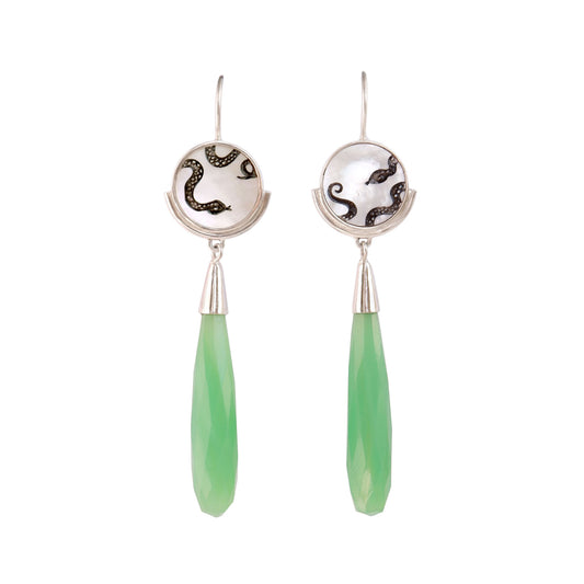 sterling silver earrings featuring mother of pearl discs, engraved with a blackened snake design, and adorned with long green faceted chrysoprase gemstone drop pendants.