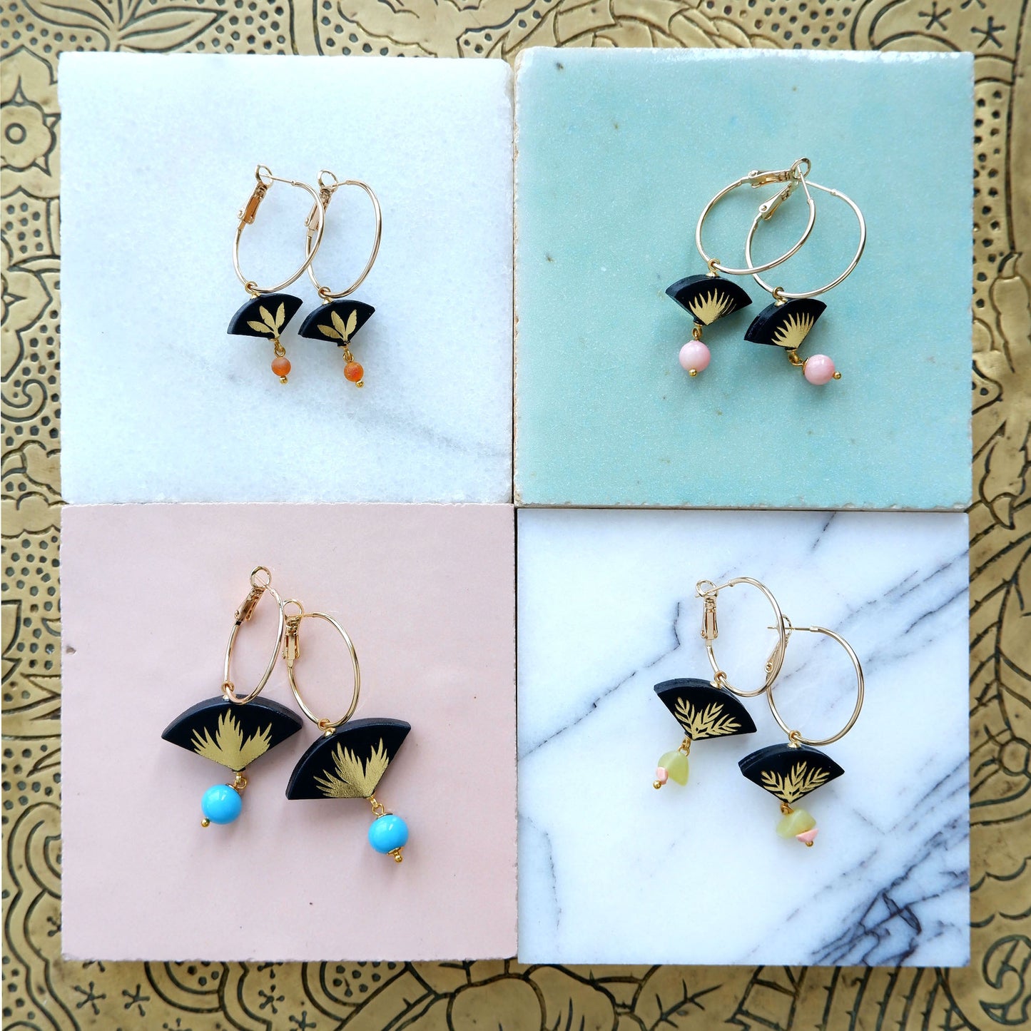 white, black, lilac & gold palm print leather gold hoop earrings with coloured glass & gemstone beads
