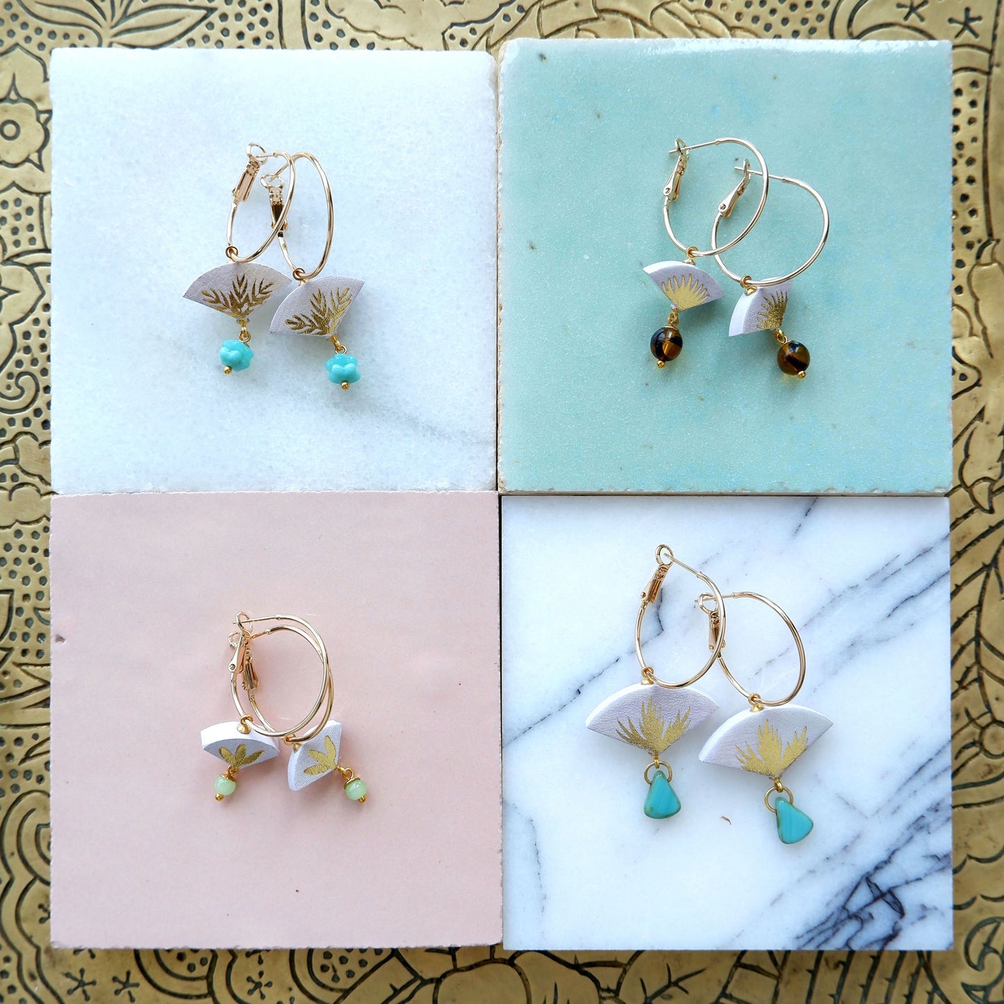 white, black, lilac & gold palm print leather gold hoop earrings with coloured glass & gemstone beads