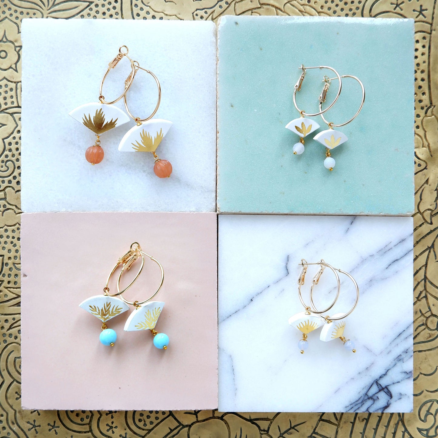 white, black, lilac & gold palm print leather gold hoop earrings with coloured glass & gemstone beads