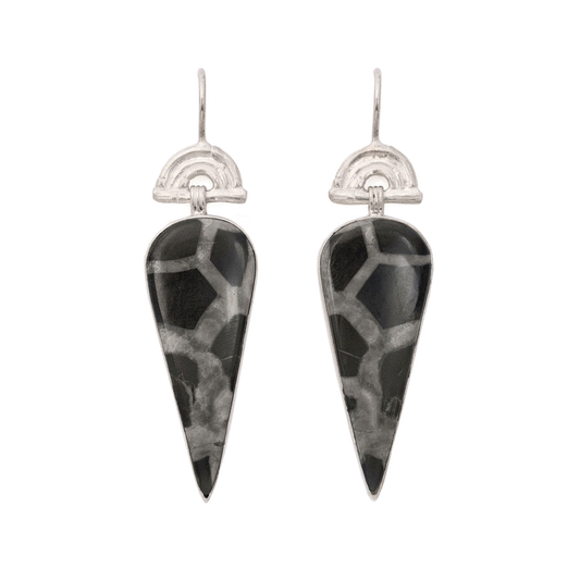 animated gif showing drop earrings in gold vermeil, featuring triple arches of bamboo on hooks, hung with pear/teardrop shaped pink opal gemstone pendants & drop earrings in sterling silver, featuring triple arches of bamboo on hook fittings, hung with long pear/teardrop shaped black septarian gemstone pendants.