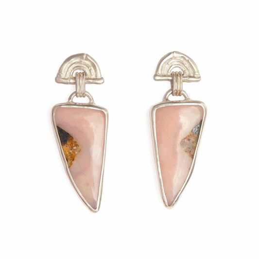 animated gif showing stud earrings in sterling silver, featuring triple arches of bamboo, hung with long pastel pink opal gemstone charm pendants, small stud earrings in gold vermeil, featuring triple arches of bamboo, hung with fan shaped pink opal gemstone charm pendants, set with gold teeth. & small stud earrings in gold vermeil, featuring triple arches of bamboo, hung with  triangular turquoise gemstone charm pendants, set with gold teeth.