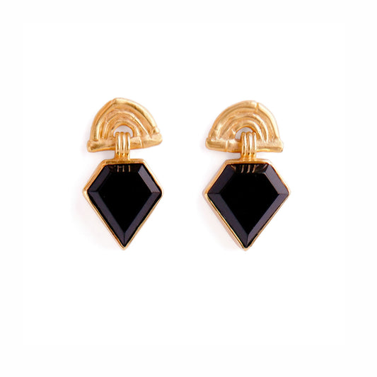 small stud earrings in gold vermeil, featuring triple arches of bamboo, hung with diamond shaped Black Onyx gemstones