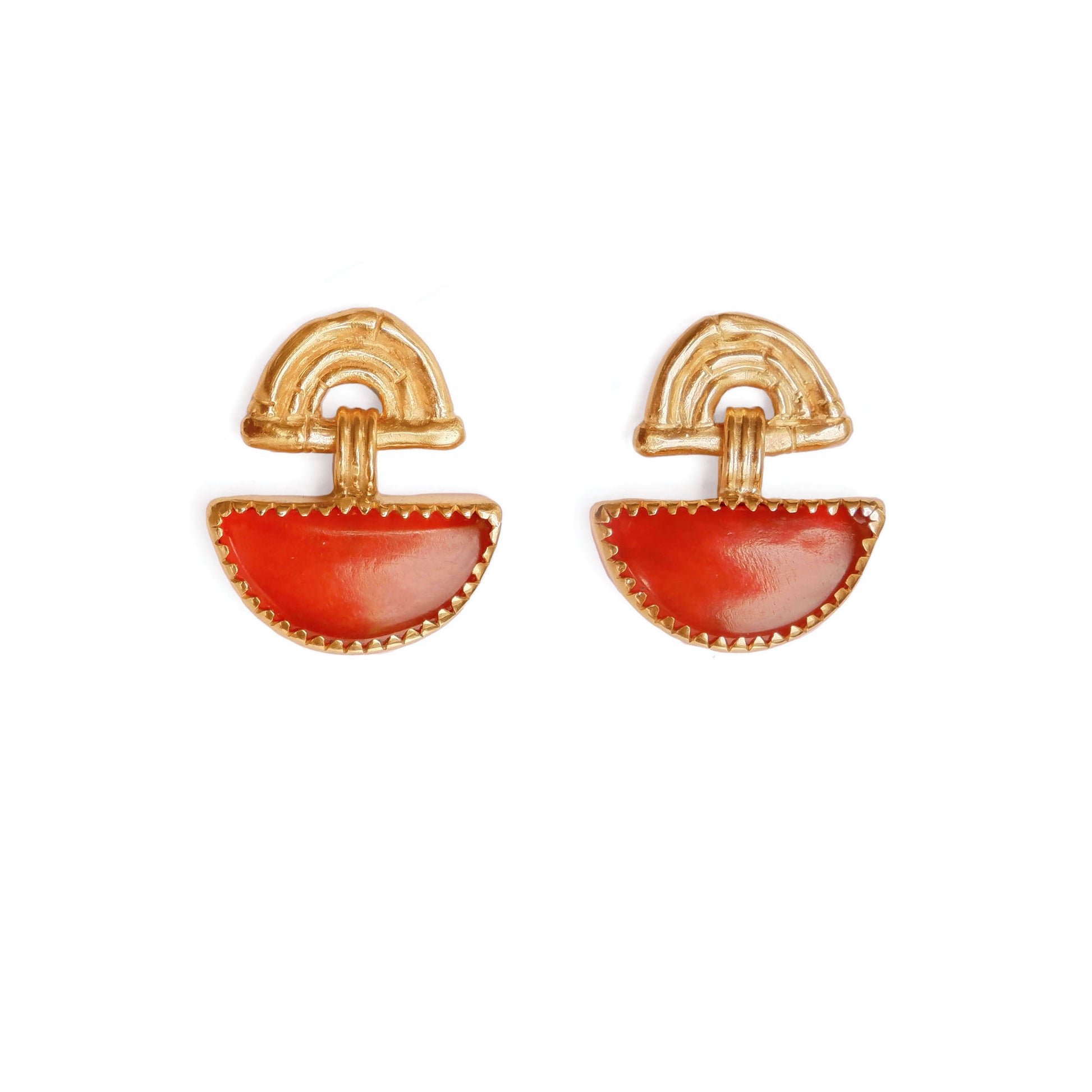 small stud earrings in gold vermeil, featuring triple arches of bamboo, hung with a half moon shaped Carnelian gemstone, set with gold teeth.