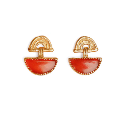 small stud earrings in gold vermeil, featuring triple arches of bamboo, hung with a half moon shaped Carnelian gemstone, set with gold teeth.