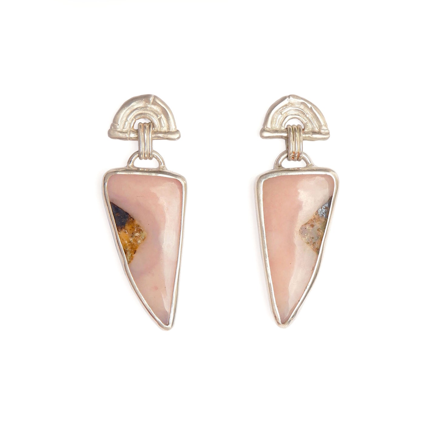 stud earrings in sterling silver, featuring triple arches of bamboo, hung with long pastel pink opal gemstone charm pendants. white background
