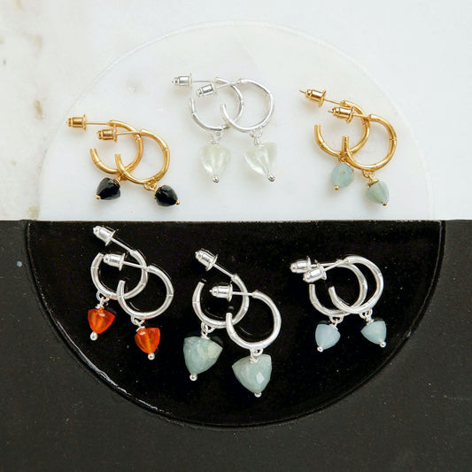 small gold and silver bamboo stud hoops, with faceted trillion pyramid bead charms in Aquamarine, Prehnite, Black Onyx and Carnelian (different size gemstone beads)