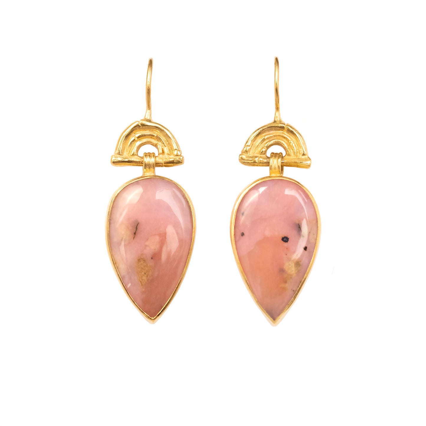 drop earrings in gold vermeil, featuring triple arches of bamboo on hooks, hung with pear/teardrop shaped pink opal gemstone pendants