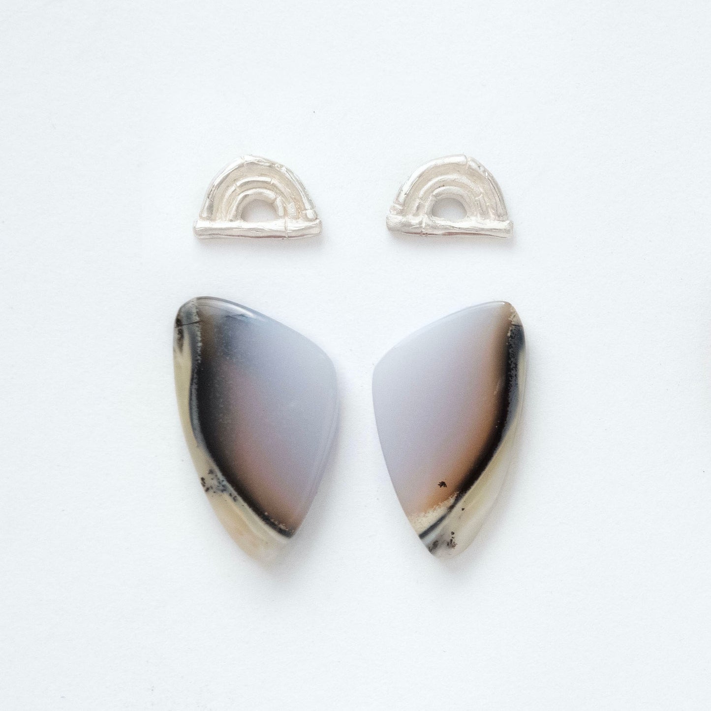 sterling silver triple bamboo arches earring tops, with long pointed pear/teardrop shaped gemstone cabochons in dendrite opal
