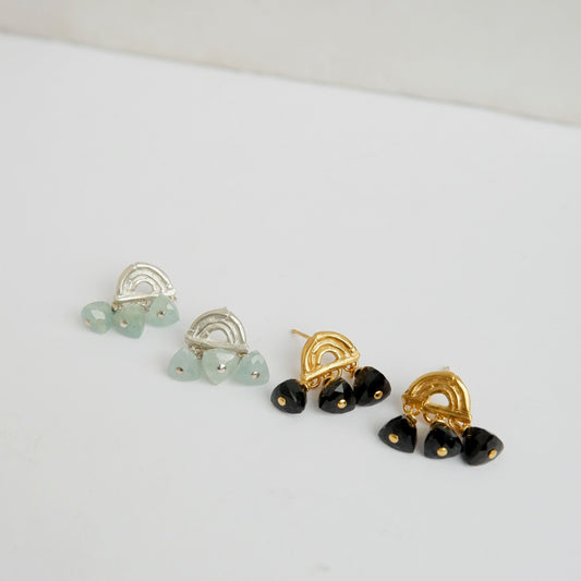 small stud earrings in Sterling Silver & Gold Vermeil, featuring a triple arch of bamboo, hung with Pyramid Trillion Beads in Black Onyx and Aquamarine