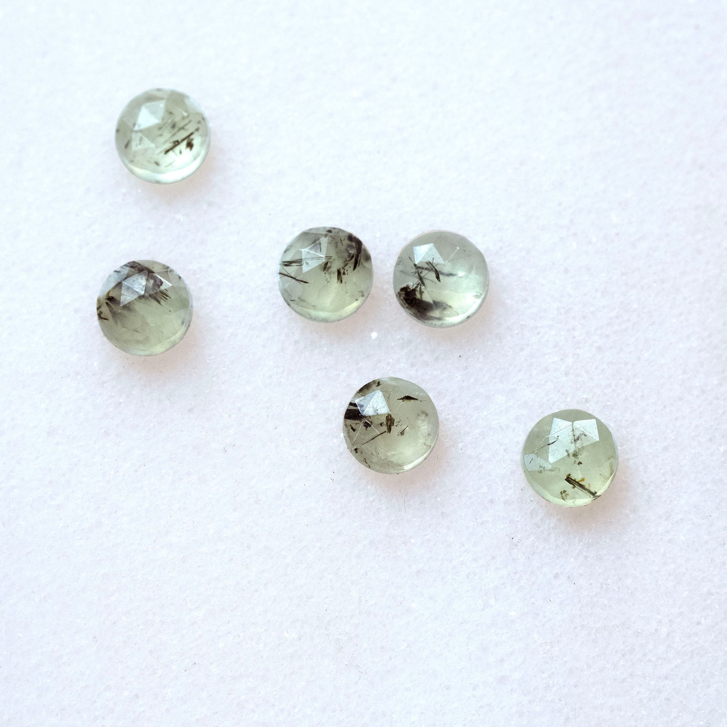 group of 6 faceted rutilated green Prehnite gemstone cabochons