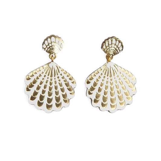 white leather double shell shell stud drop earrings printed in gold