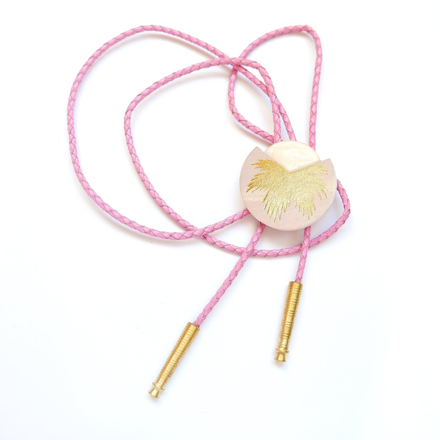 lilac leather bolo tie with gold palm print, mother of pearl accent & brass tips