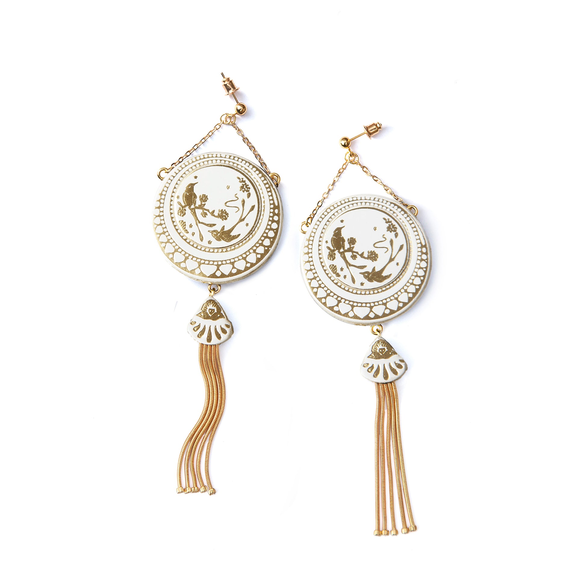 tasselled leather gold medallion, large gold statement earrings