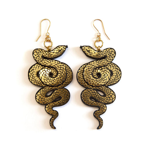 black & gold leather serpent earrings