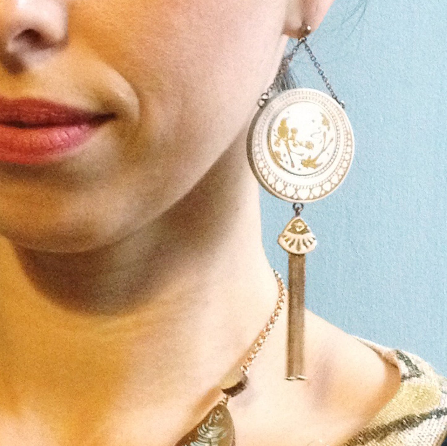tasselled leather gold medallion, large gold statement earrings