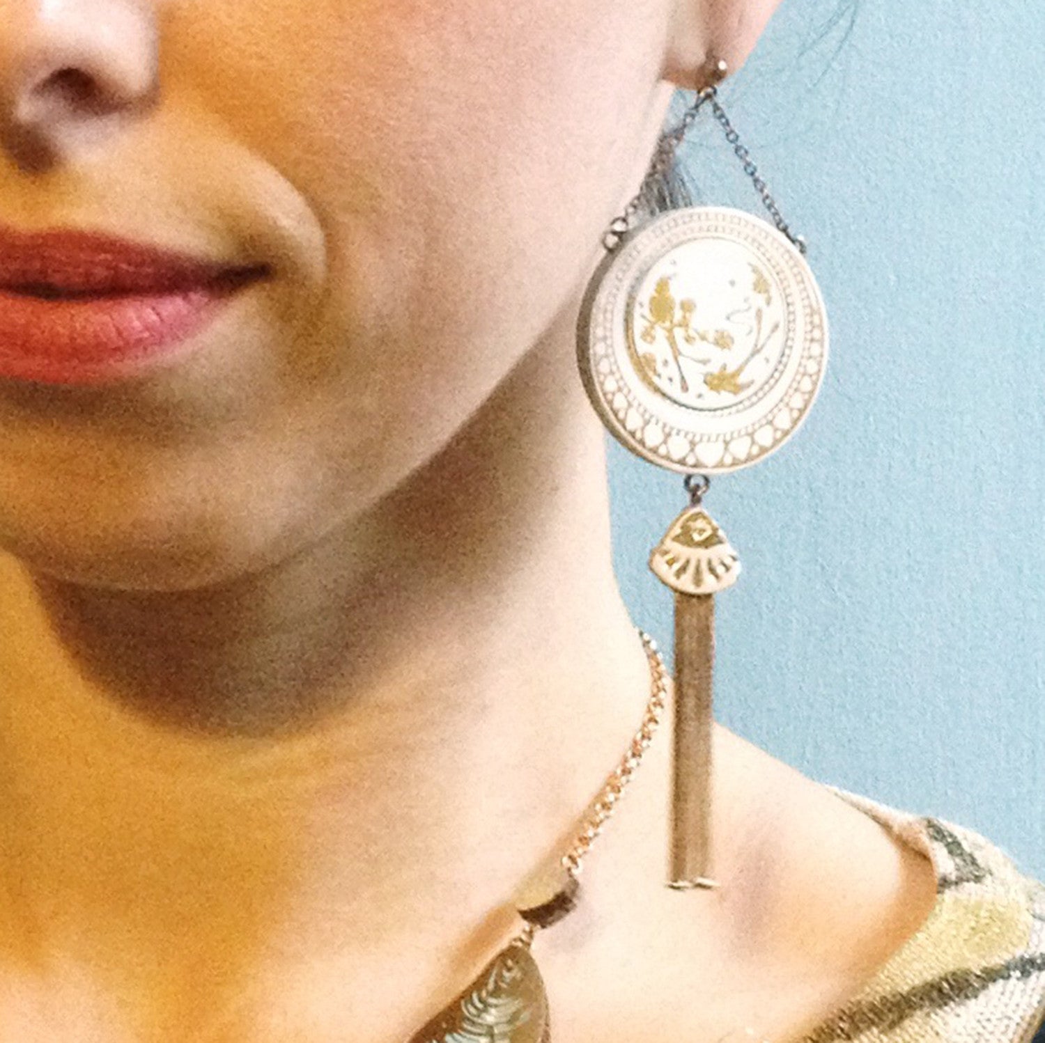 tasselled leather gold medallion, large gold statement earrings