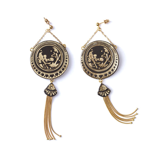 tasselled leather gold medallion, large gold statement earrings