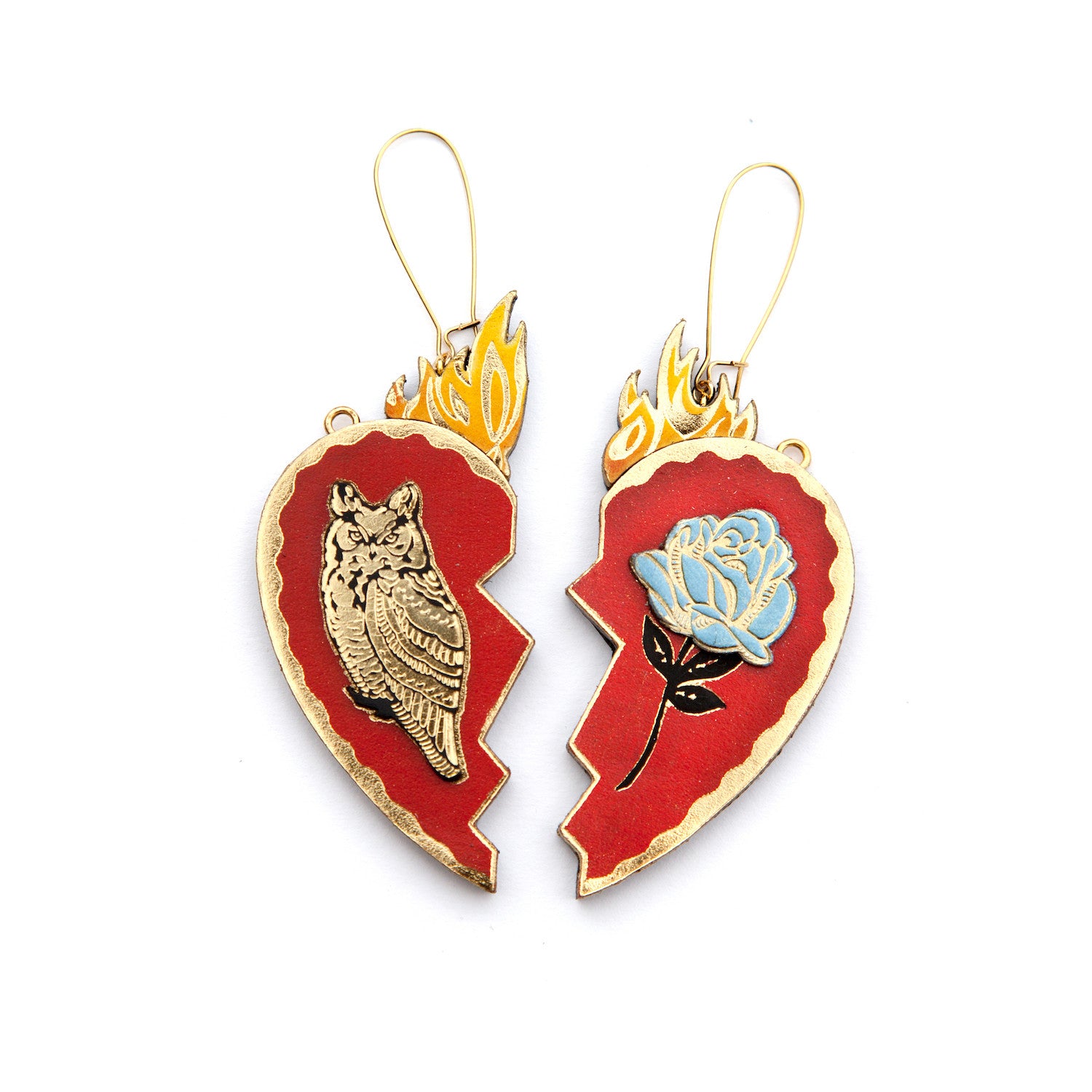 red leather broken heart earrings, with golden owls, flames & blue roses