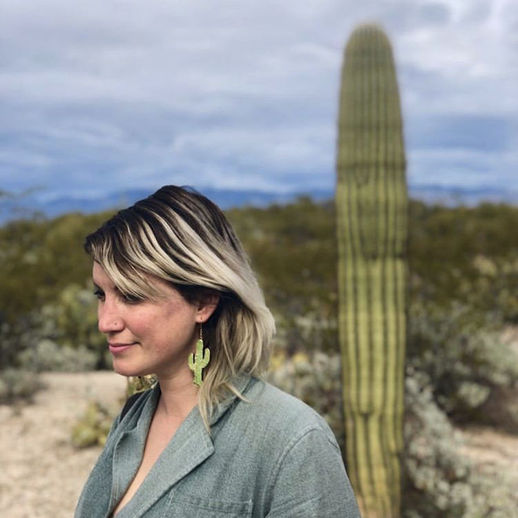 leather cactus cacti earrings, gold print, model, desert