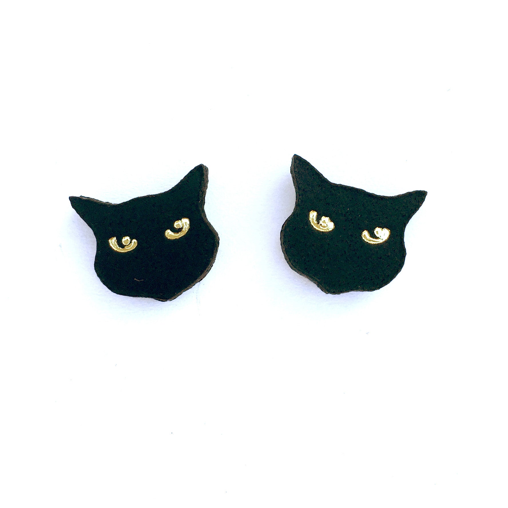 Little black cat head stud earrings with gold embossed eyes